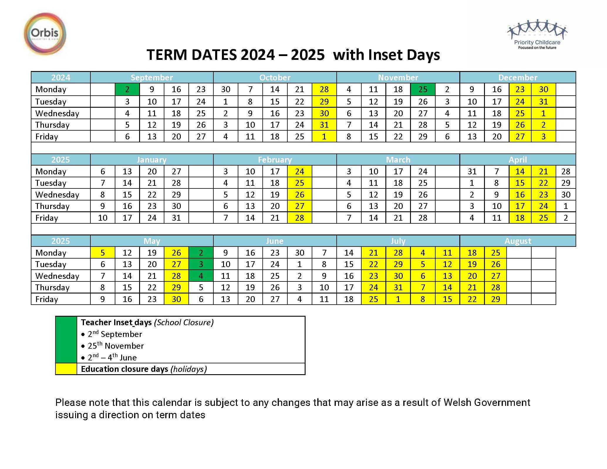 Dan y Coed Term Dates